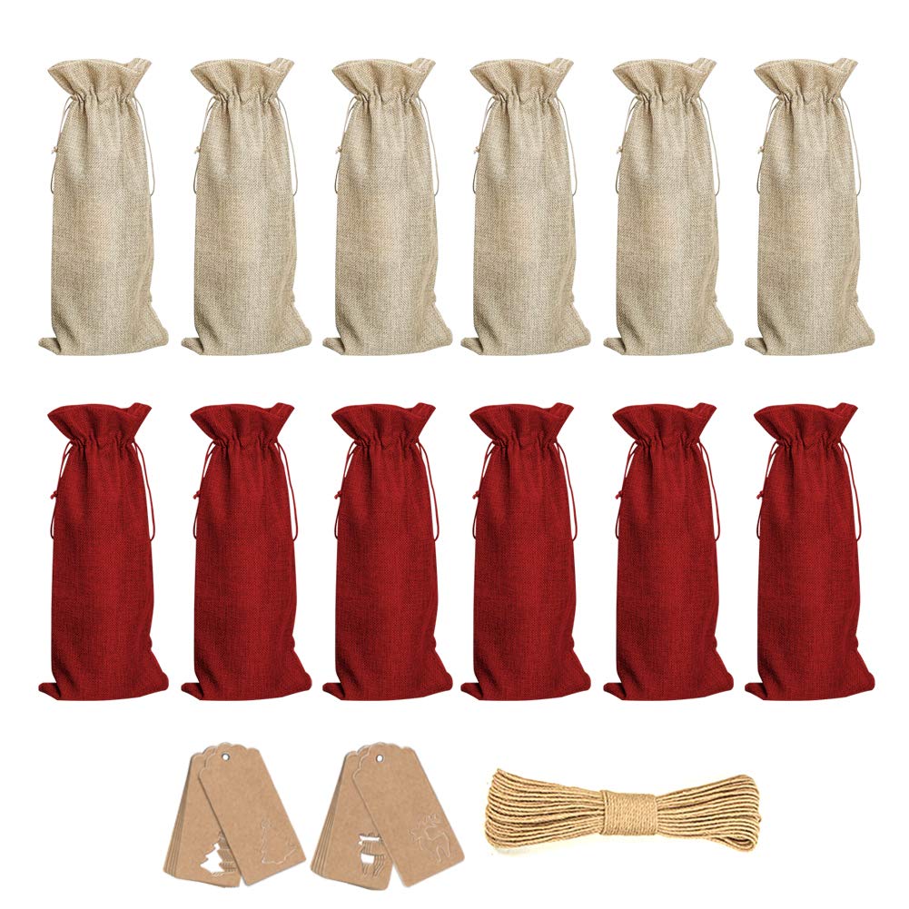 12pcs Burlap Wine Gift Bags with Tags and Ropes Christmas Wine Single Bottle Bags for Gifts Drawstring Xmas Gift Bags for Bottles Wine Bottle Covers Bags for Dinner Table Decor
