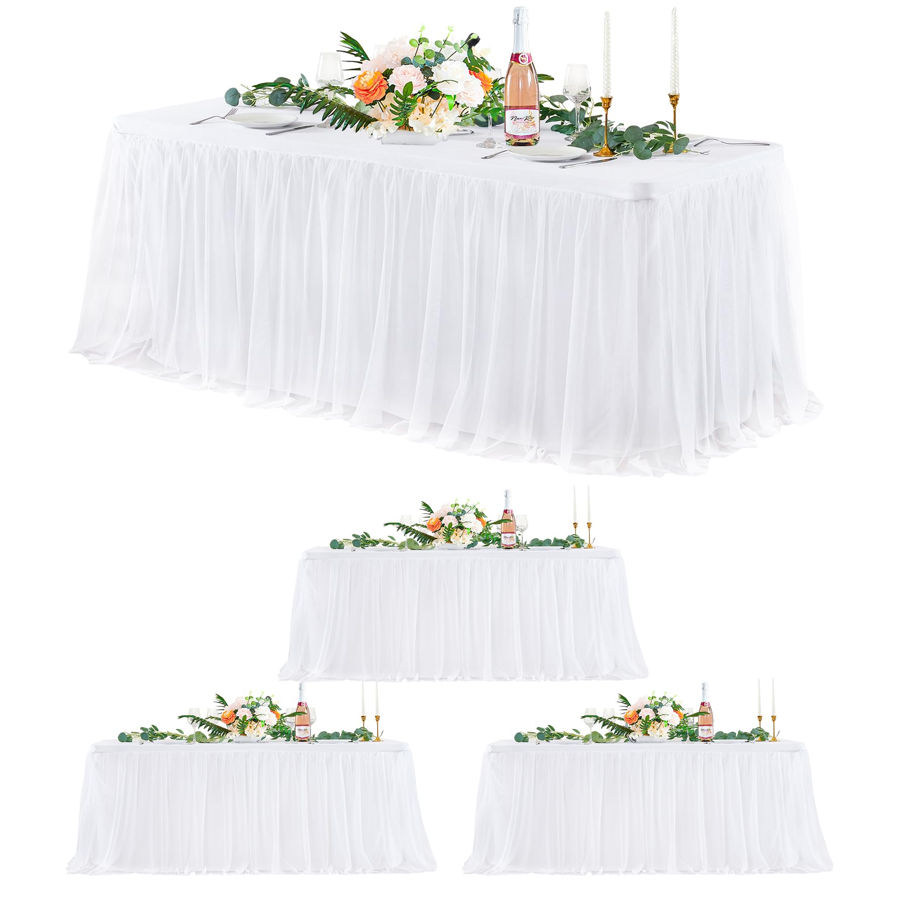 Photo 1 of 4 Pack White Tulle Tablecloths for 6 Foot Rectangular Tables, 72 x 30 Inch White Rectangle Table Cloth, Wrinkle Free Table Cover with Tutu Skirt for Wedding Birthday Party Banquet Buffet Decorations
