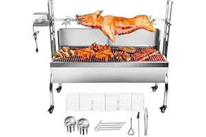 KODOM Stainless Steel Rotisserie Grill with Back Cover Guard, 25W Motor Small Pig Lamb Rotisserie Roaster, 48.7 Inch BBQ Charcoal Rotisserie Grill for Camping Outdoor Kitchen