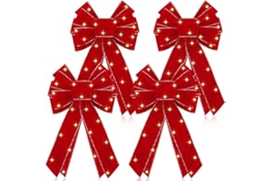 Riceshoot 4 Sets Christmas LED Wreath Bow Christmas Bows Velvet Lighted Outdoor Christmas Decorations with LED Lights for Christmas Indoor Outdoor Winter Xmas Decoration (Cute Style)