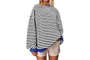 UEU Women Oversized Striped Crewneck Sweatshirt Long Sleeve Color Block Pullover Tops Casual Loose Workout Shirt