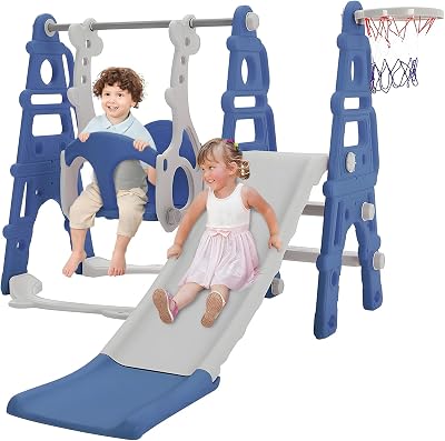 INMOZATA 4-in-1 Kids Slide Swing Basketball Hoop Playset Toddler Climber Indoor