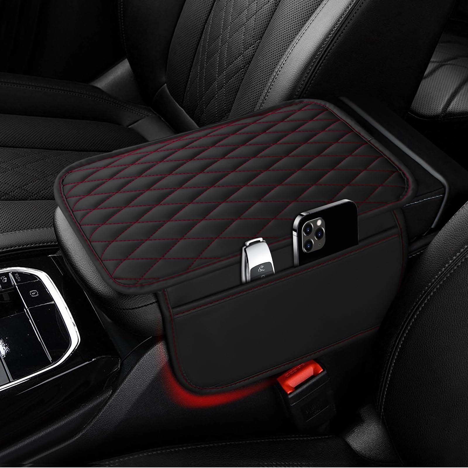 Photo 1 of Ouzorp Car Center Console Cover, Upgraded Microfiber Leather Car Arm Rest Cover with 2 Storage Bags, Universal Armrest Cover for Car Storage Box Protector for Most Vehicle-Black with red line