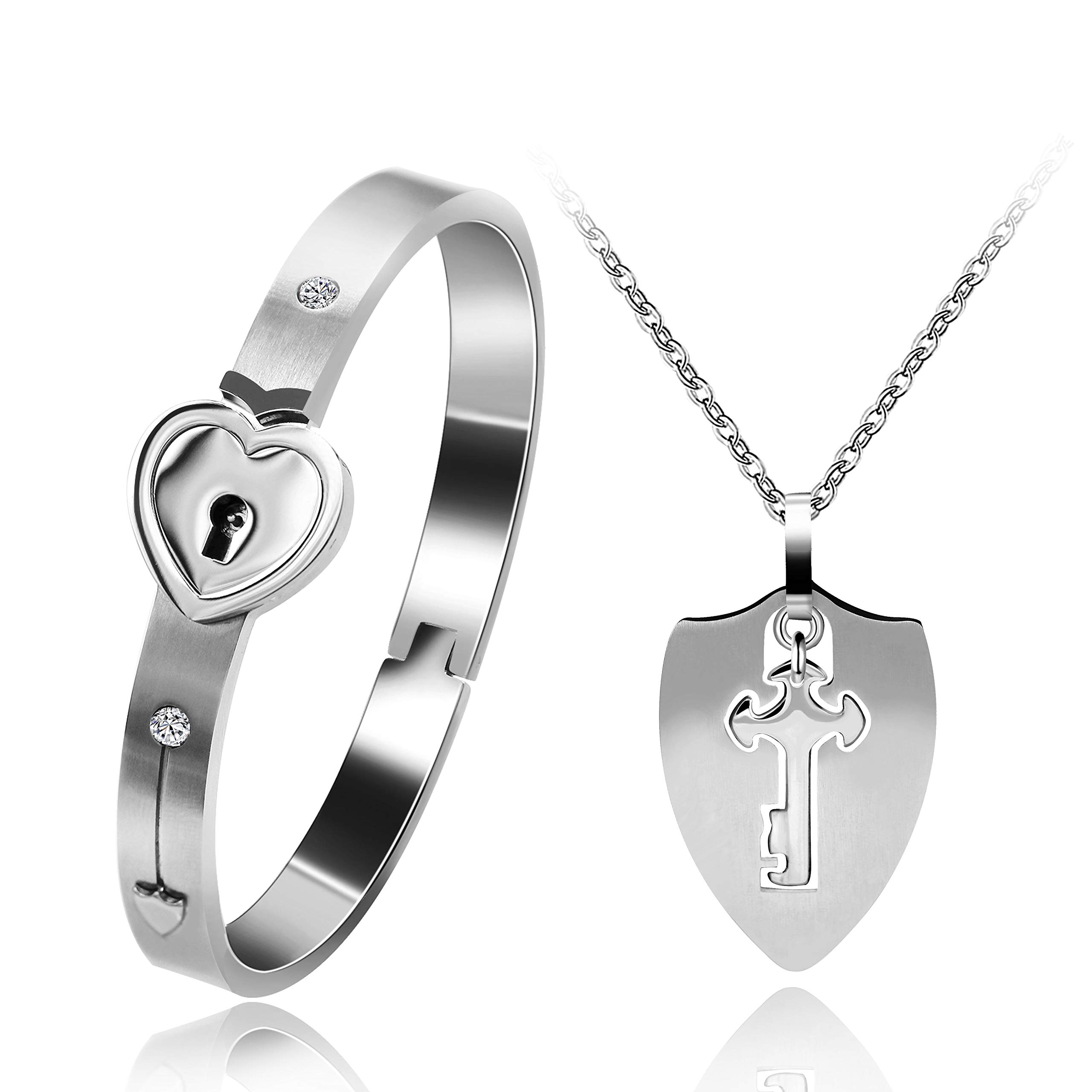 Uloveido Men Shield Pendant Necklace and Women Heart Lock Bracelet Anniversary Jewellery Set for Couples Boys Girls Y473
