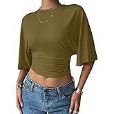 LOLONG Womens Crew Neck Half Sleeve Ruched Shirts Summer 2026 Casual Cinched Waist Crop Tops