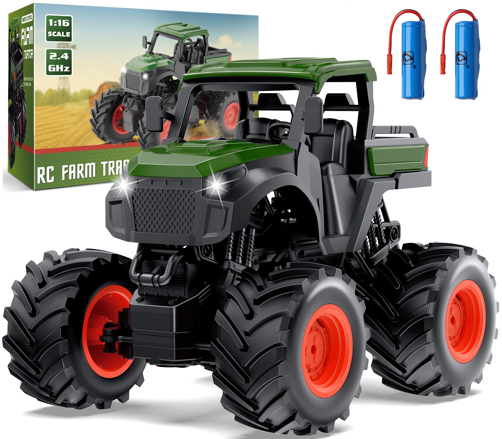 Photo 1 of 1:16 Remote Control Tractor Toy, RC Monster Truck for boys age 4-7, RC Truck with 2×800mAh, LED Lights, Realistic Working Sounds, Green Toy Vehicle Birthday Gift for Kids Boys Girls 4-12 Year Old