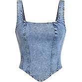 WDIRARA Women's Denim Corset Tank Top Asymmetrical Hem Crop Tops Sleeveless Zip Up Back Tanks