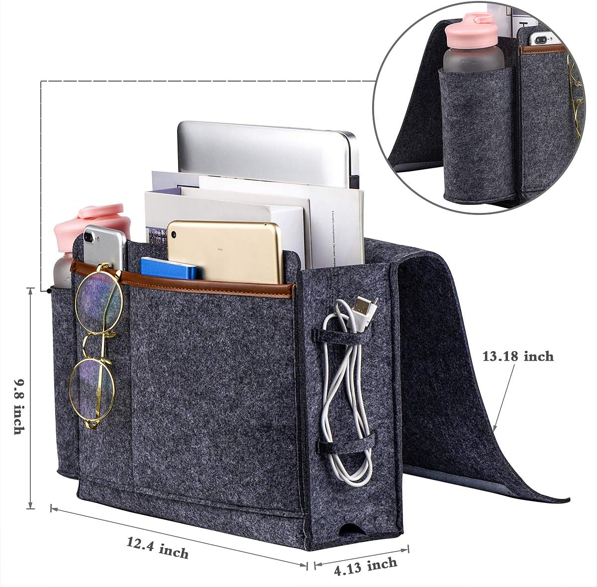 Bedside Caddy, Thick Sofa Storage Organizer, Table Cabinet Hanging Storage Organizer, Holder Bag for Laptop Book Phone Charger Bottle and other, Ideal for Dorm, Kid Bunk Bed, Sofa,Hospital(Dark Gray)