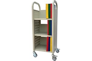 Workington Single Bank Rolling Book Truck Book Cart with 3 Flat Shelves, Library Book Cart with Swivel Lockable Casters 3000 Putty