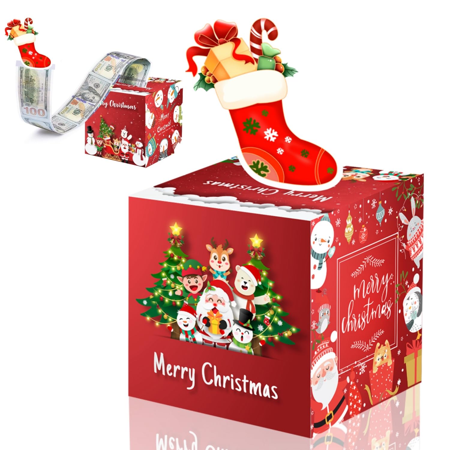 Christmas Money Box for Cash Gift, Kids/Adult Presents - Pull Surprise Money Gift Box with Xmas Card and 50P Transparent Bags