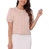 Allegra K Cropped Tweed Jacket for Women's Summer Puff Short Sleeve Crew Neck Office Work Blazer