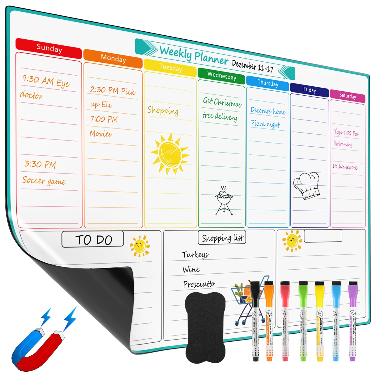 Photo 1 of MaxGear Weekly Dry Erase Board for Fridge, Magnetic Calendar Whiteboard Planner for Refrigerator with Stain Resistant Technology, Include 7 Fine Point Markers and 1 Eraser, 16"x12"
