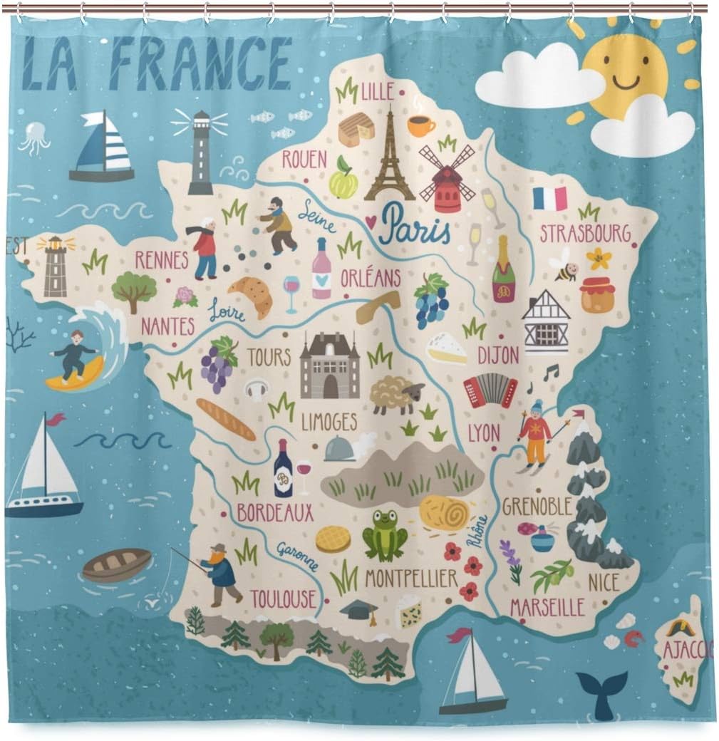 Amazon Kapanou防水 シャワーカーテン ベクトル様式化された地図フランス旅行イラスト かわいいシャワーカーテン ユニットバス バスルーム 芸術の装飾 180cmx180cm バスフック付き 取り付け簡単 シャワーカーテン ホーム キッチン オンライン通販