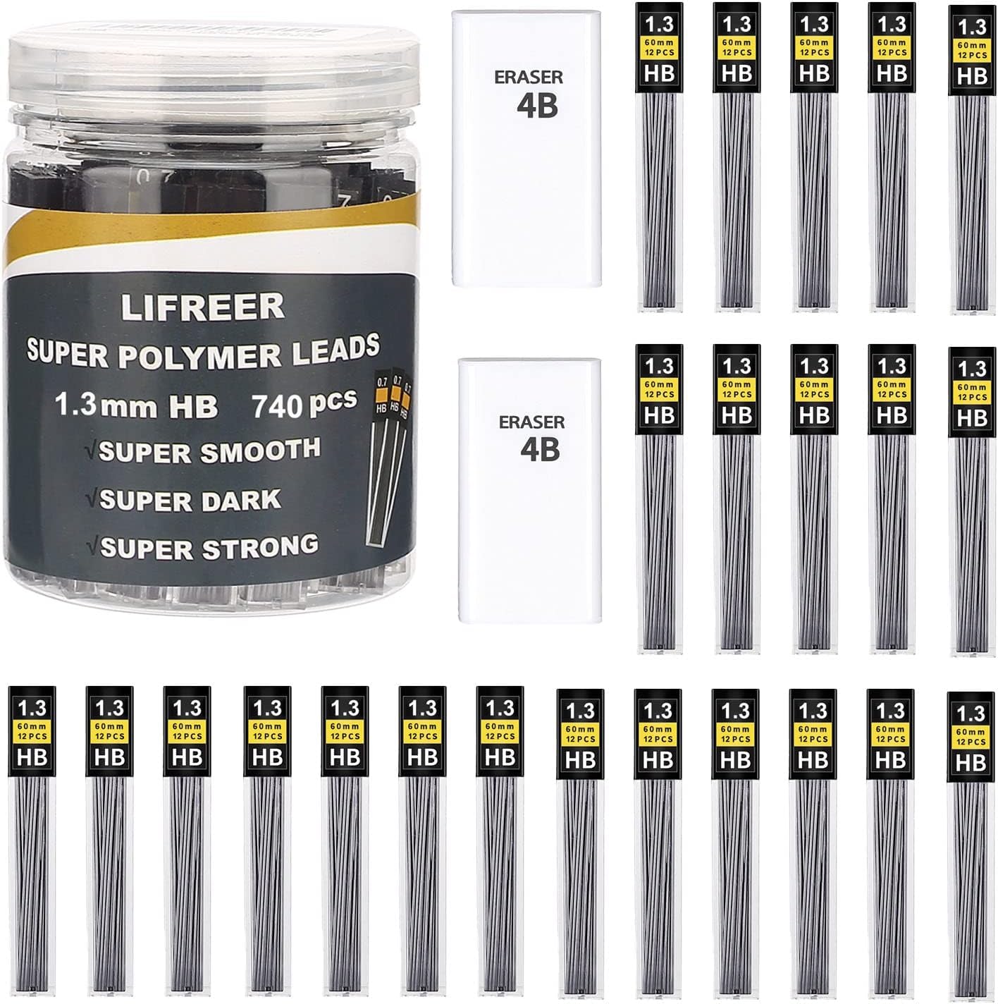 Lifreer 1.3 mm Pencil Lead Refill (680 Pcs), Black, Medium Point, Unbreakable, Premium Eraser, Mechanical Pencil Refill for Students & Professionals