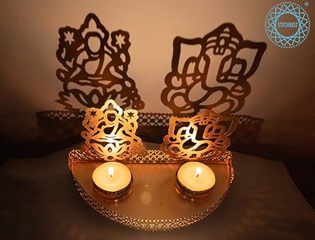 STITCHNEST Metal Divine Shadow Ganesh and Lakshmi Diya || Tealight Candle Holder
