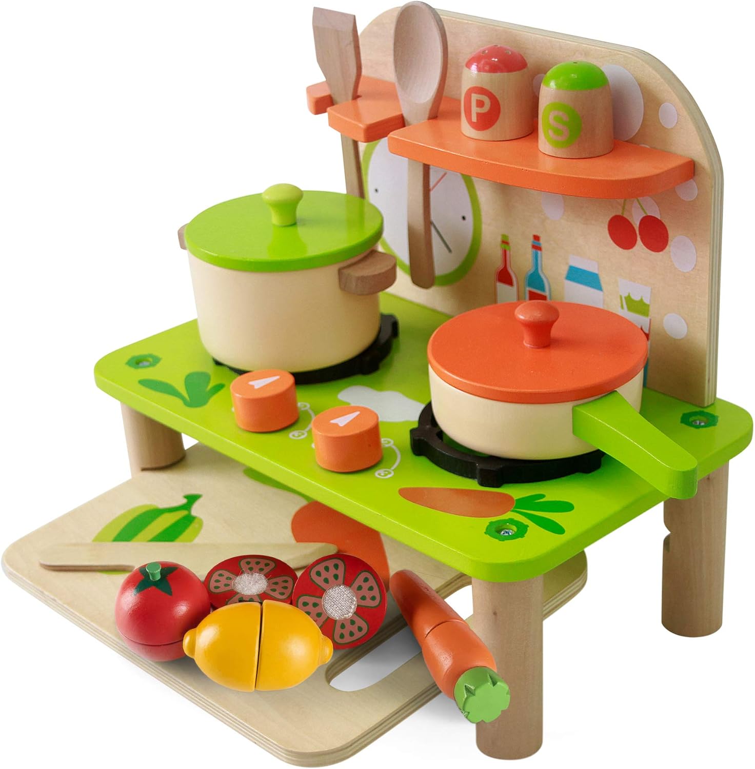BeeSmart - Cocina de Juguete de Madera con Utensilios para Cocinar y Accesorios, Portátil. 11 Piezas que Incluyen Utensilios, Ollas con Tapas, Reloj Ajustable y Condimentos