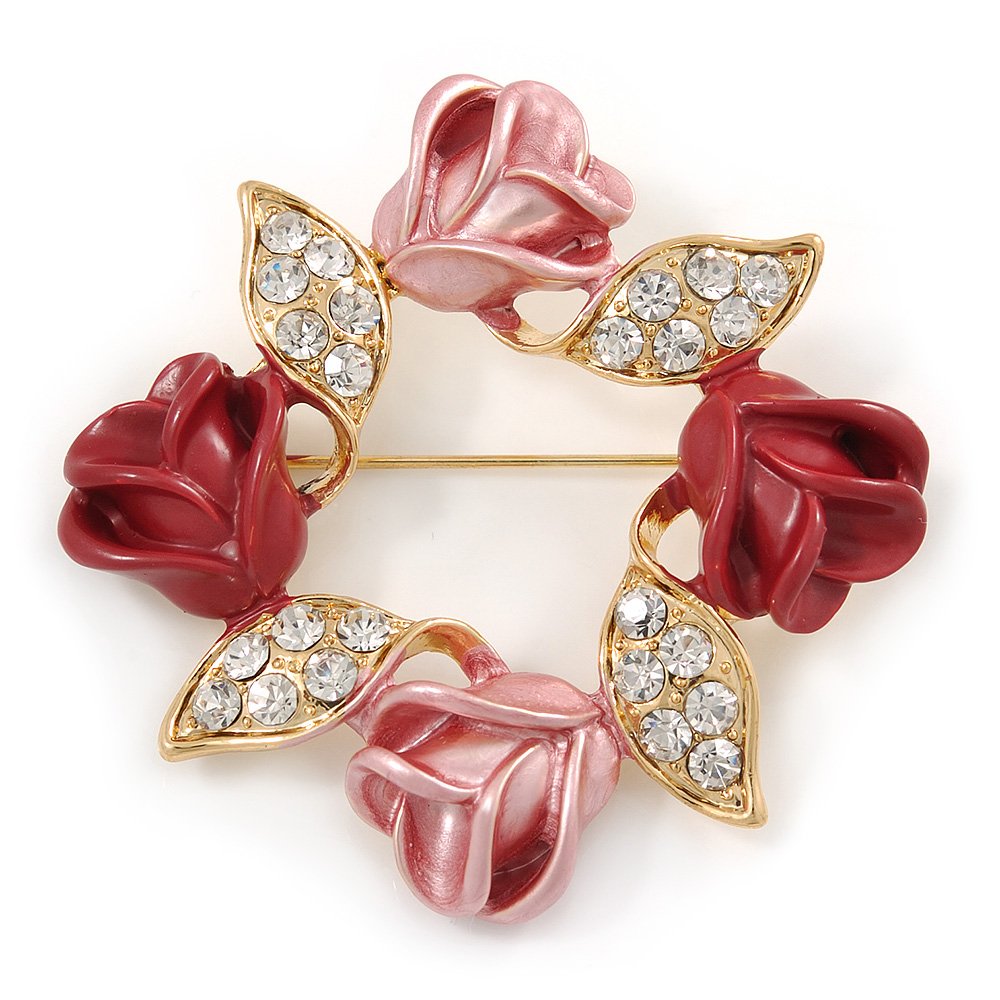 Red/Pink Enamel Crystal Wreath Brooch In Gold Tone - 50mm D