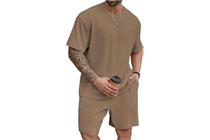 RoseSeek Men's 2 Piece Outfits Textured Drop Shoulder T Shirt and Short Sets Summer Outfits Tracksuit