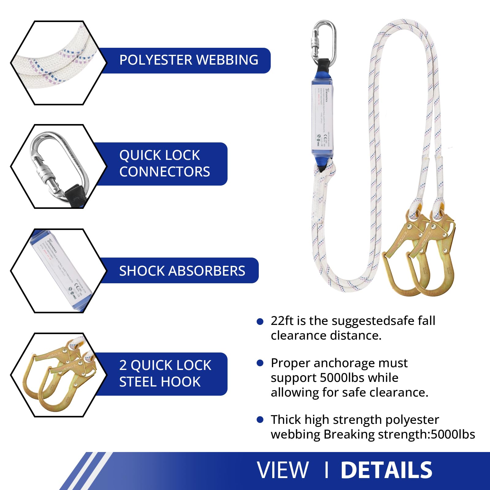 TRSMIMA Safety Harness Fall Protection - Roofing Harness Kit Men Full Body Construction Harness with Lanyard for Work Upgrade 4 Quick Buckles