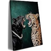 Funny Cheetah Canvas Wall Art Emerald Green Wall Decor Leopard aesthetics Pictures Vintage Animal Print Artwork Black Panther Trendy painting poster for apartment dormitory decoration 12x16in