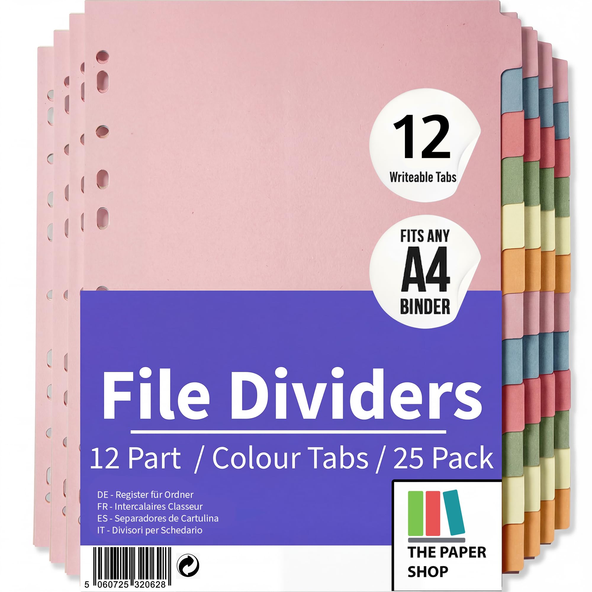 File Dividers A4, 12 Part Folder Dividers for Ring Binders & Lever Arch Files (25 Pack) Binder and Subject Dividers with Writeable Coloured Index Tabs - The Paper Shop