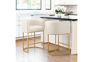 LUE BONA 27" H Counter Height Bar Stools Set of 2, Modern Barrel Counter Stools with Backrest and Arms, Gold Metal Frames, Linen Fabric Upholstered Accent Barstools for Kitchen Island, Beige