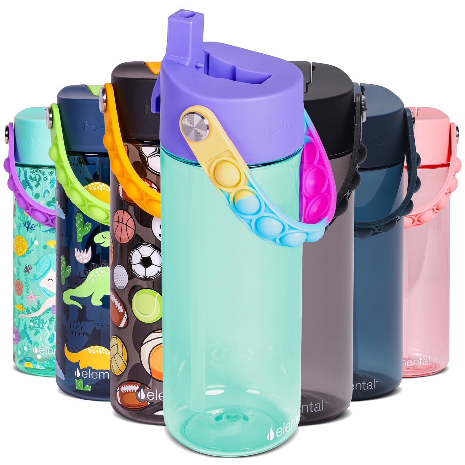 Photo 1 of Elemental Water Bottles for Kids - Splash Kids Water Bottle for School with Pop-it Handle - BPA Free Tritan Plastic Water Bottle with Straw Leak Proof when Spout is Closed - Blue Tie Dye- 18oz