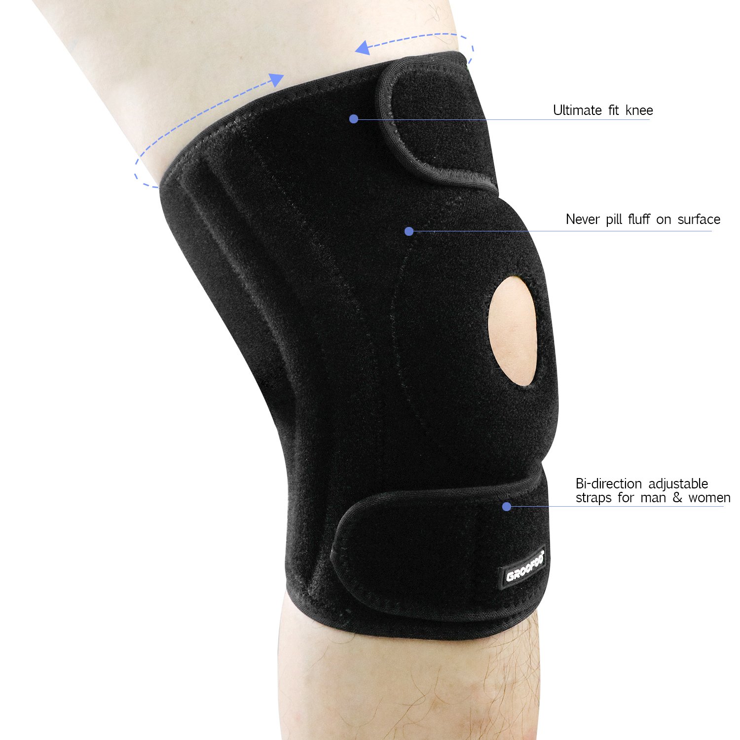 Knee Brace, GROOFOO [Hinged Knee Brace] [Knee Support] [Hinged Knee Brace]- Non Slip Comfortable Neoprene with 2 Strong Adjustable Velcro Grips- Insert a soft cushion ring for patella