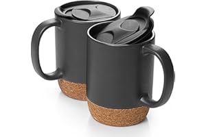 DOWAN Coffee Mugs, 15 oz Mug Set of 2, Large Ceramic Coffee Mug with Cork Bottom and Splash Proof Lid for Men, Women, Big Mug