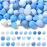 Ornazy 100Pcs Random Blue Series Silicone Beads Silicone Rubber Heart Spacer Beads Cute Round Star Focal Beads for DIY Jewelry Pen Craft Decoration