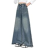 HBER Girls Wide Leg Jeans Elastic Waist Frayed Raw Hem Baggy Jeans Trendy Hip Hop Denim Pants Streetwear 5-13 Years