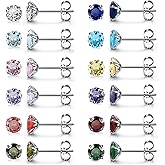 Top Plaza 12 Pairs Stud Earrings Set for Women 316L Surgical Hypoallergenic Stainless Steel Double Piercing Earrings Birthstone Cubic Zirconia CZ Stud Earrings for Women