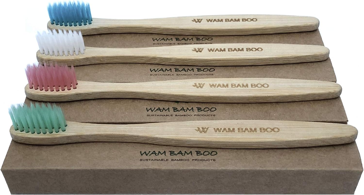 Bamboo Toothbrushes I Natural Wooden Toothbrush I WAM BAM BOO I Family Pack of 5 Toothbrushes I ECO Friendly Products I UK Design I Vegan Friendly I Soft to Medium Bristles I Environmentally Friendly