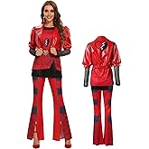 Saephaw Women Princess Red Costume Adult Rise of Red Costume Halloween Cosplay Outfits PU Leather Jacket Top Pants Full Set