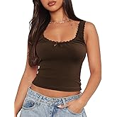 NODHUT Women's Tank Tops Cute Slim Fitted Ribbed Knit Bow Lace Camisole Top Sexy Summer Square Neck Sleeveless Going Out Tops