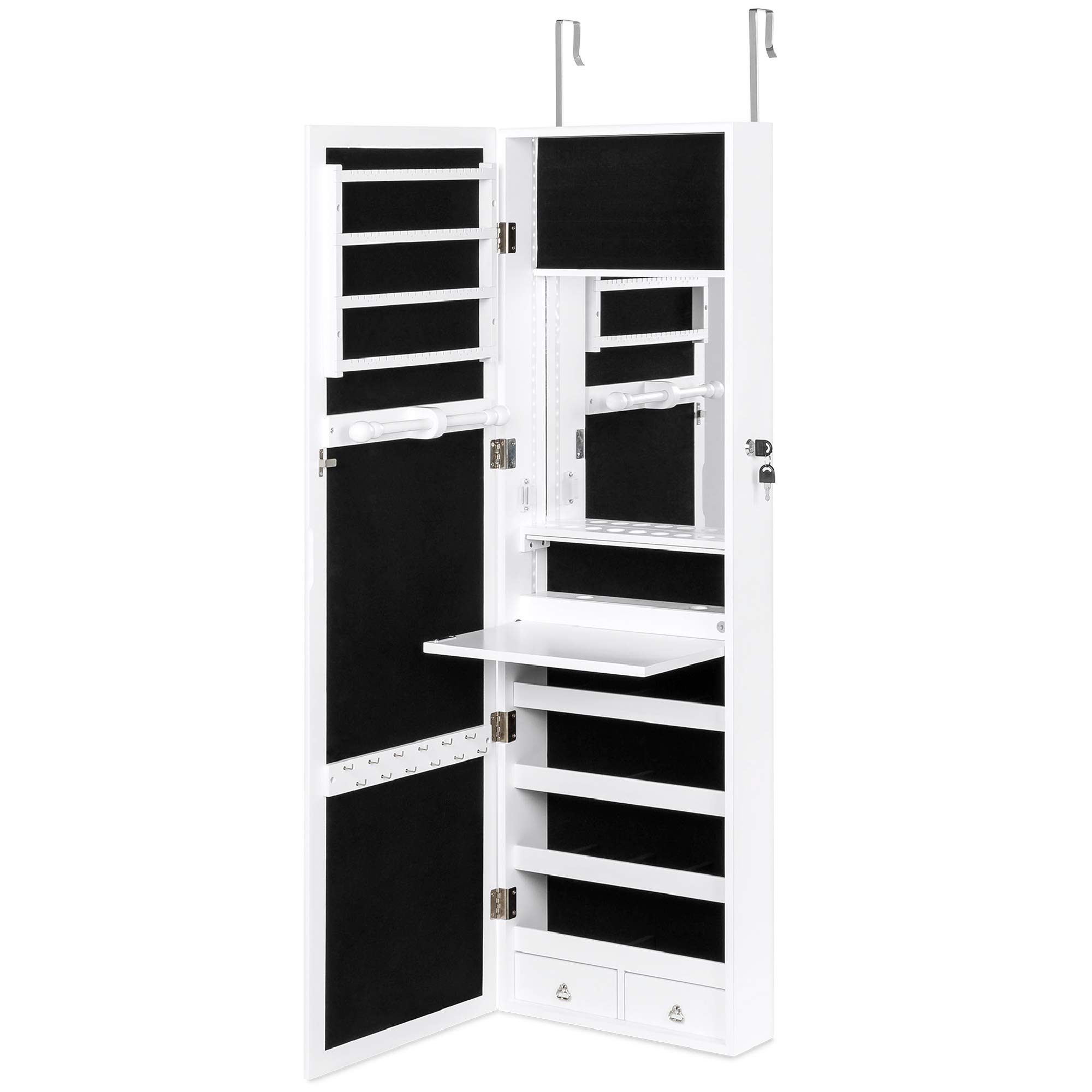 Best Choice Products Full Length Hanging Mirror Jewelry Armoire Cabinet, Makeup Storage Organizer, Wall Mounted, w/Interior Mirror, LED Lights, Lock, Cosmetics Tray, Brush Holders, 4 Shelves