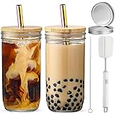 ASANMEYO 2 Pcs 24 oz Glass Cups With Bamboo Lids and Straws & 2 Airtight Lids, Reusable Smoothie Cups Mason Jar Drinking Glasses Iced Coffee Cups Glass Tumbler for Bubble Tea, Juice, Gift