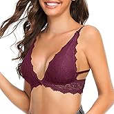 SHEKINI Women's Lace Bra Triangle Bralette Wireless Padded Plunge Low Back Bras Deep V Neck with Bowknot