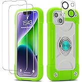 Cookiver for iPhone 14 Plus Case 6.7 Inch with Ring Stand, with 2 Pack Glass Screen Protector + 1 Pack Camera Lens Protector,Heavy-Duty Shockproof Military Grade Rugged Cover (Guava)