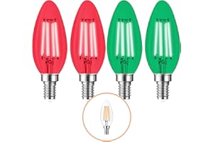 BLUEX BULBS 4 Pack Filament E12 Candelabra LED Christmas Light Bulbs - 4W 40 Watt Equivalent E12 Candelabra Base - Vintage LED Decor Red Light Bulbs Green Light Bulbs Party Christmas Lights