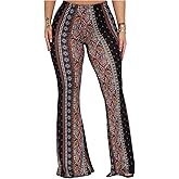 WDIRARA Women's Boho Print Flared Pants Elastic High Waisted Bell Bottoms Trousers