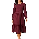 Seta T Women's Tiered Dresses Long Sleeve Round Neck Knit A-Line Casual Midi Dress with Pockets