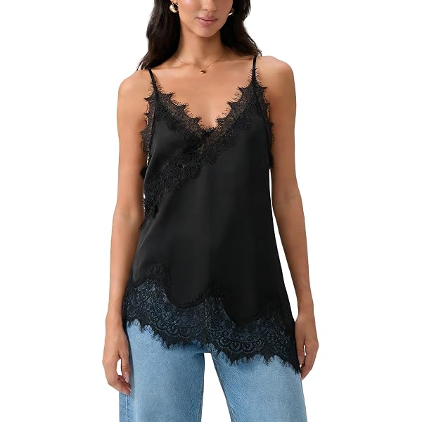 Silk Lace Trim Camisole Tops for Women Satin Layering Asymmetrical