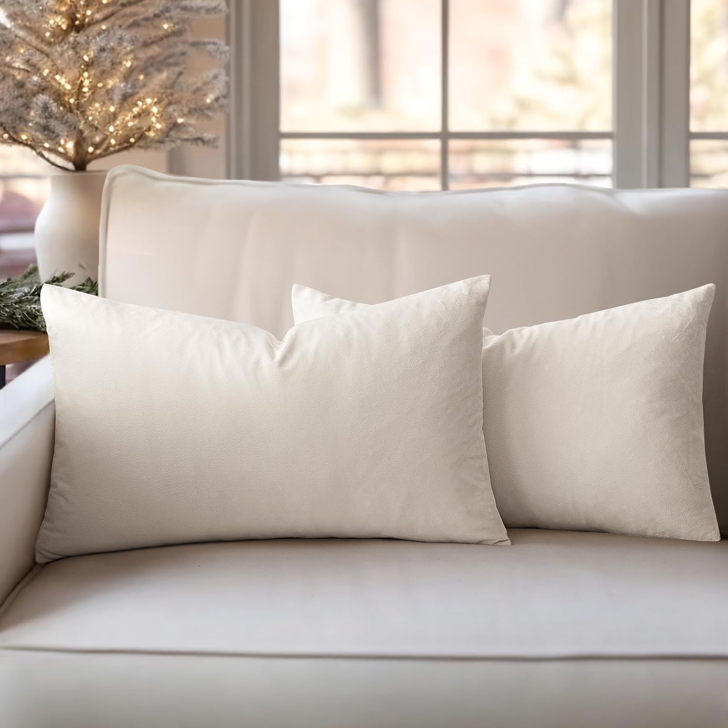 Slozzi Set of 2 Velvet Cushion Covers Home Plain Decorative Throw Pillow cases 12x20 Inch 30x50 cm Soft Square Pillow Covers for Sofa Bedroom Cream White