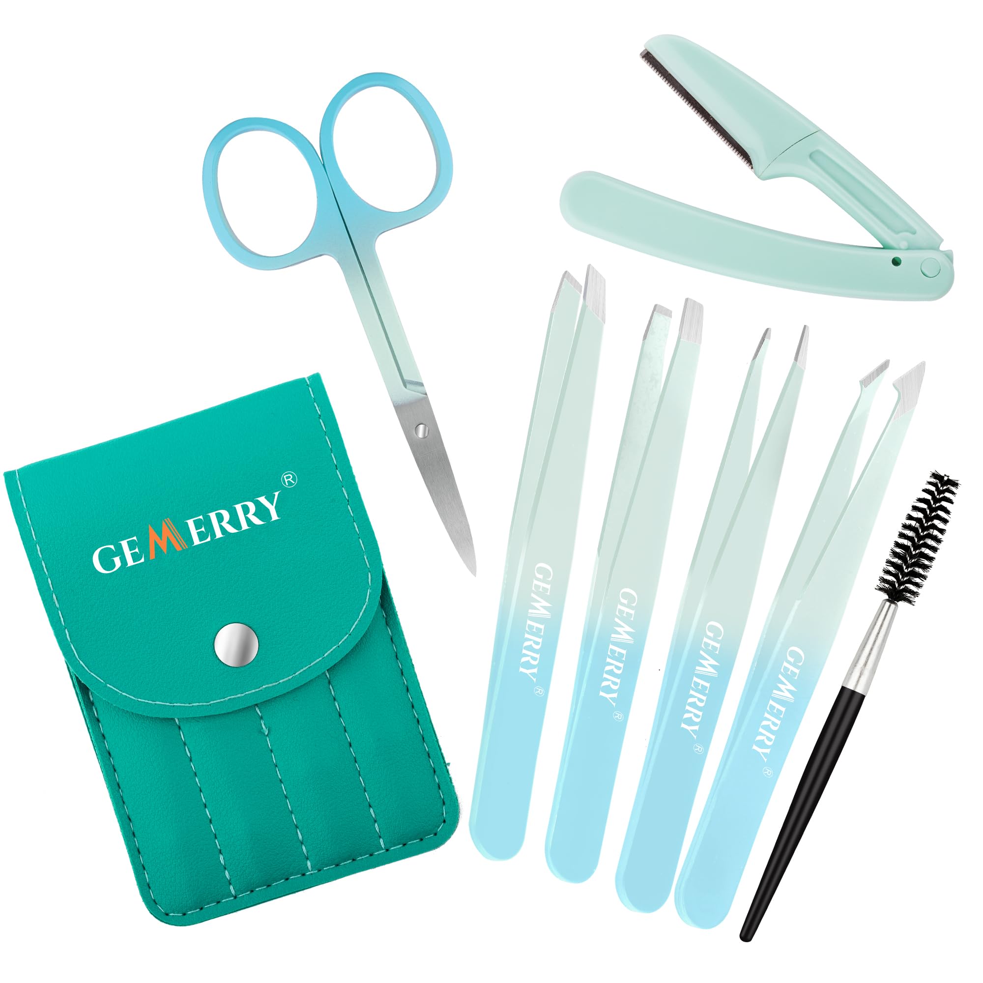 GEMERRY Tweezers Set 7Pcs for Facial Hair Women - Precision Tweezers with Travel Case - Stainless Steel for Eyebrows with Scissors, Razor for Ingrown Hair (Blue)