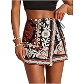RoseSeek Women's Floral Graphic Skirt Shorts Drawstring Waist Tropical Boho Wrap Skorts