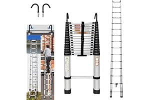 JUPITOR Telescoping Ladder 14FT Aluminum Telescoping Extension Ladder with Roof Hooks, 2.8Inch Detachable Hooks Prefect for Home Or Outdoor Rooftop, Collapsible Ladder Attic Ladder Rv Ladder 330lb Capacity