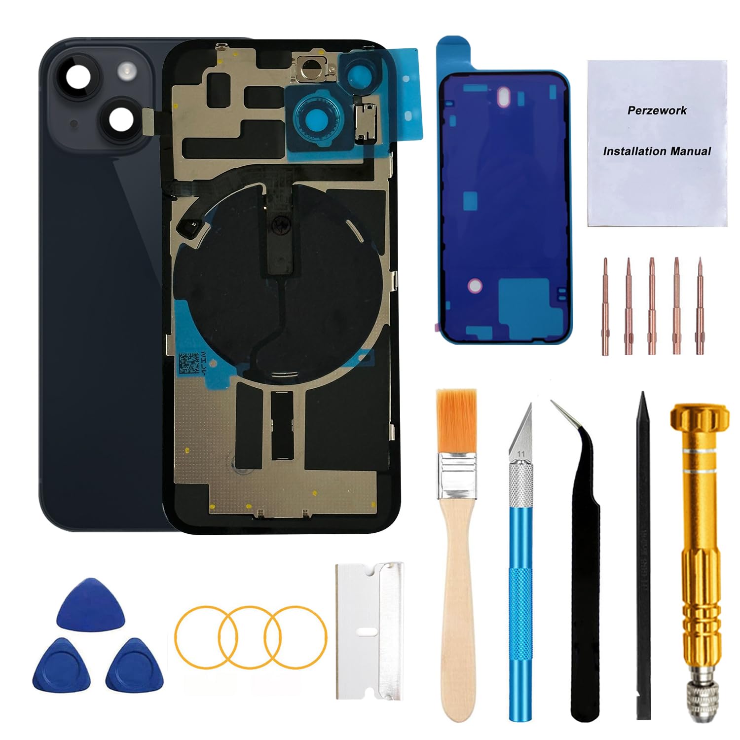 Photo 1 of Perzework Rear Back Glass Replacement for iPhone 14 6.1-inches with Reparing Toolkit and All Necessary Parts (Midnight Black)