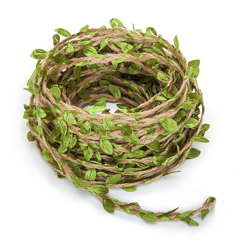 Zhiheng 20m Artificial Leaf Vine Rustic Jute Twine Vintage Jungle Garland Foliage Rattan Green Leaves Ribbon Wrapping Wedding Home Garden Decoration Craft Supplies