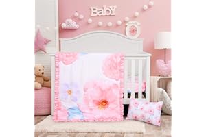 UOMNY Crib Bedding Set for Girls Floral Baby Girl Crib Bedding Sets 3-Piece Crib Comforter Set with Watercolor Flower Crib Blanket Quilt Fitted Crib Sheet Toddler Pillowcase Pink Crib Set for Girls